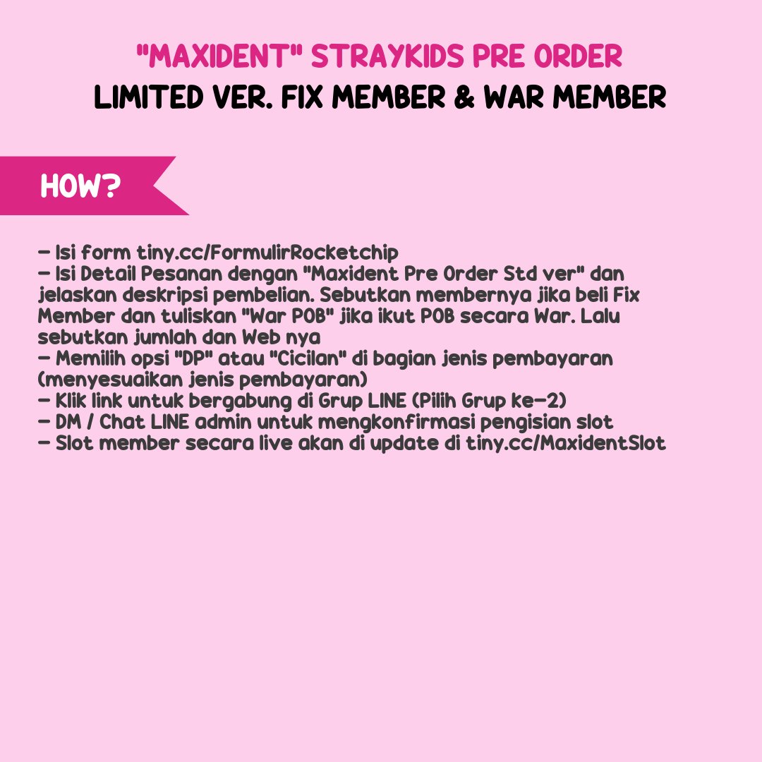 ‼️RETWEETS APPRECIATED‼️
Open Pre order - Stray Kids "MAXIDENT" Standard ver Fix &amp; War Member

price &amp; details on pict!

✓Grup LINE
✓Cicilan dan DP via 🍊
✓Pelunasan Indo
✓Dom Depok
Closed: TBA

Avail member &amp; web: tiny.cc/MaxidentSlot
Form order: tiny.cc/FormulirRocket…