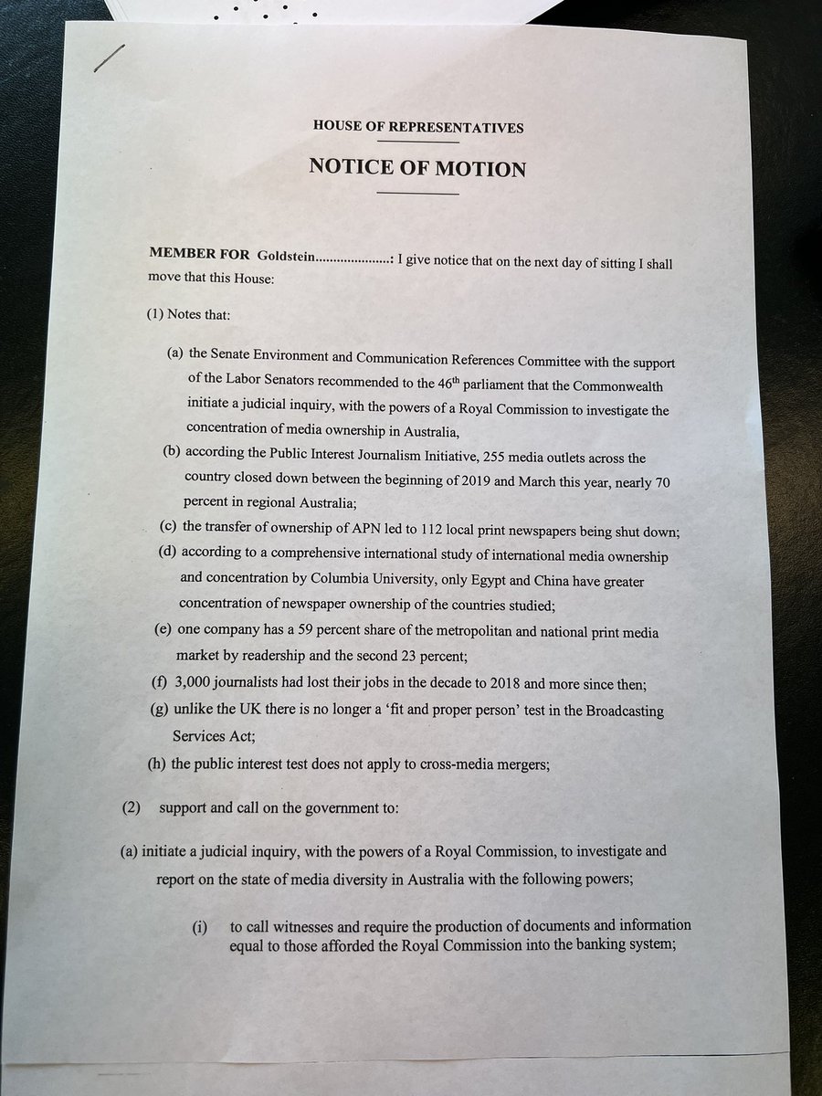 zdaniel's tweet photo. Today I lodged a Notice of Motion calling for a judicial inquiry into Media Diversity in Australia. (Seconded by @Mon4Kooyong) https://t.co/t0XWK0PQpr