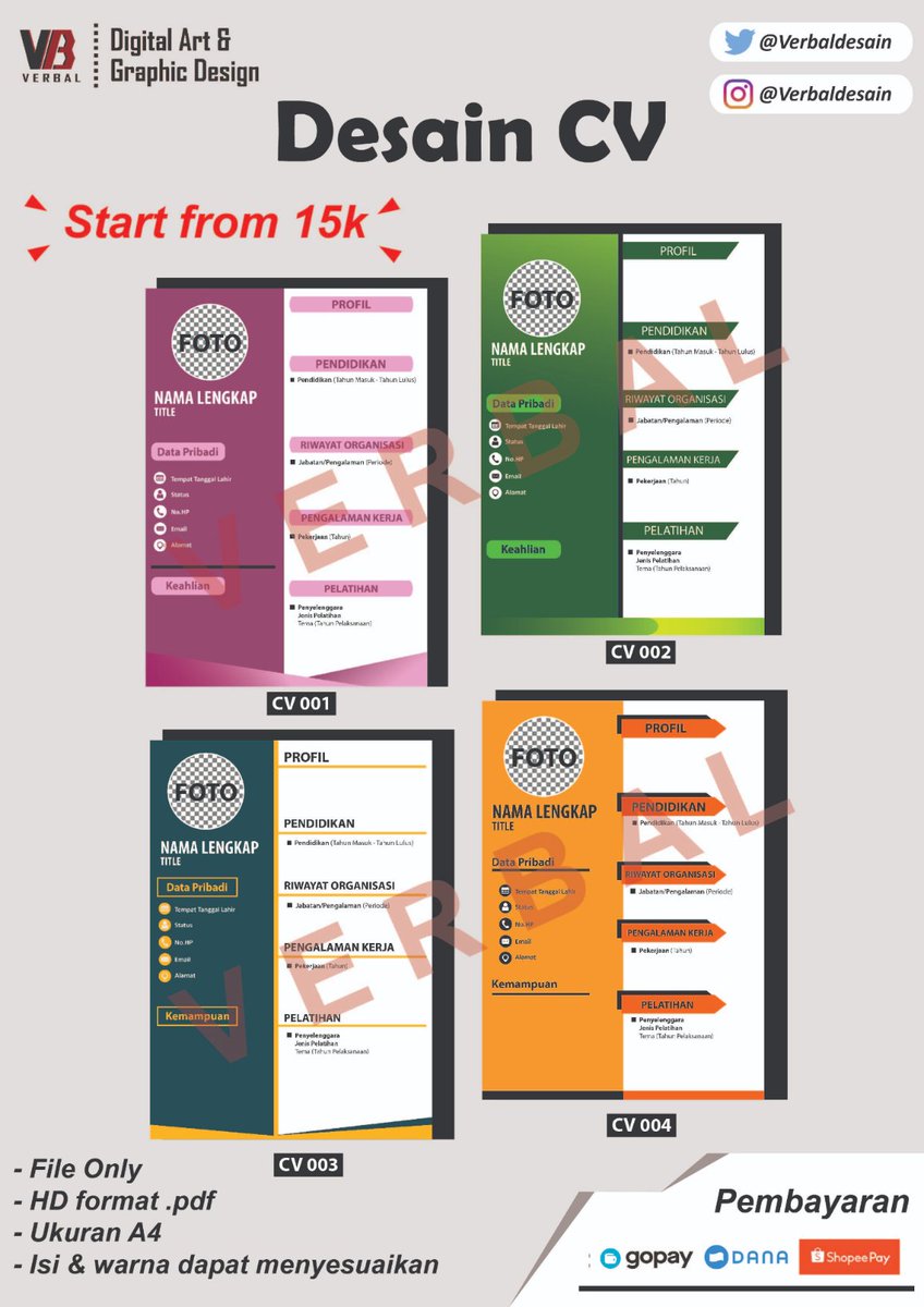 Verbaldesain's tweet photo. [ OPEN ]

Hallo semua nya, yang butuh jasa desain CV yuk bisa disini, harga dijamin murah &amp; desain bisa request semaunya loh...

Minat DM ✉️
#Zonauang #Zonaba #zonajajan  #desainCV #CV #Murah #desaingrafis https://t.co/2cG4PxqbfP