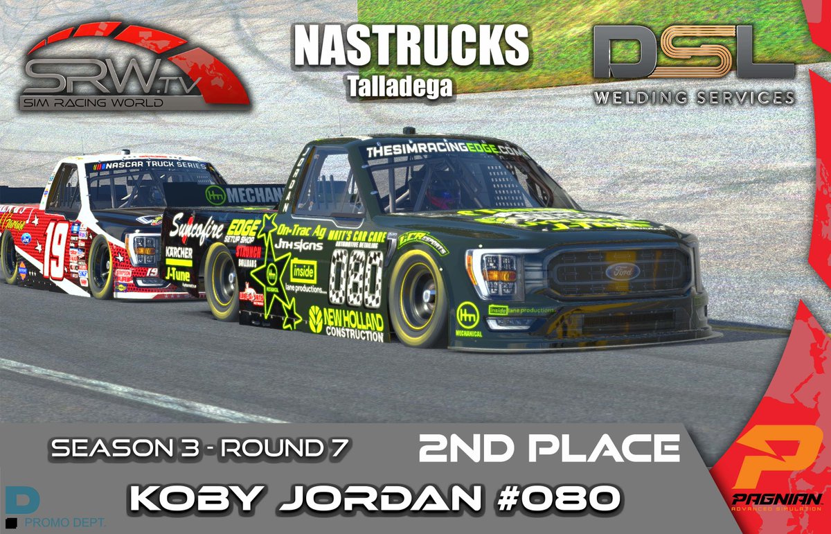 Sim_RacingWorld's tweet photo. DSL Welding NASTRUCKS -  Talladega!

🏆 Congratulations to our round 7 podium! 🏆

1st \\ Jarod STEEN #91 - TANKT SRT
2nd \\ Koby JORDAN #80 - Inside Lane Sim Sports
3rd  \\ Peter GRETTON #87 - LR E-Sports

🎬 https://t.co/Zjn0QXamoa 🎬
#iracing #NASCAR https://t.co/w6UKM2U8LJ