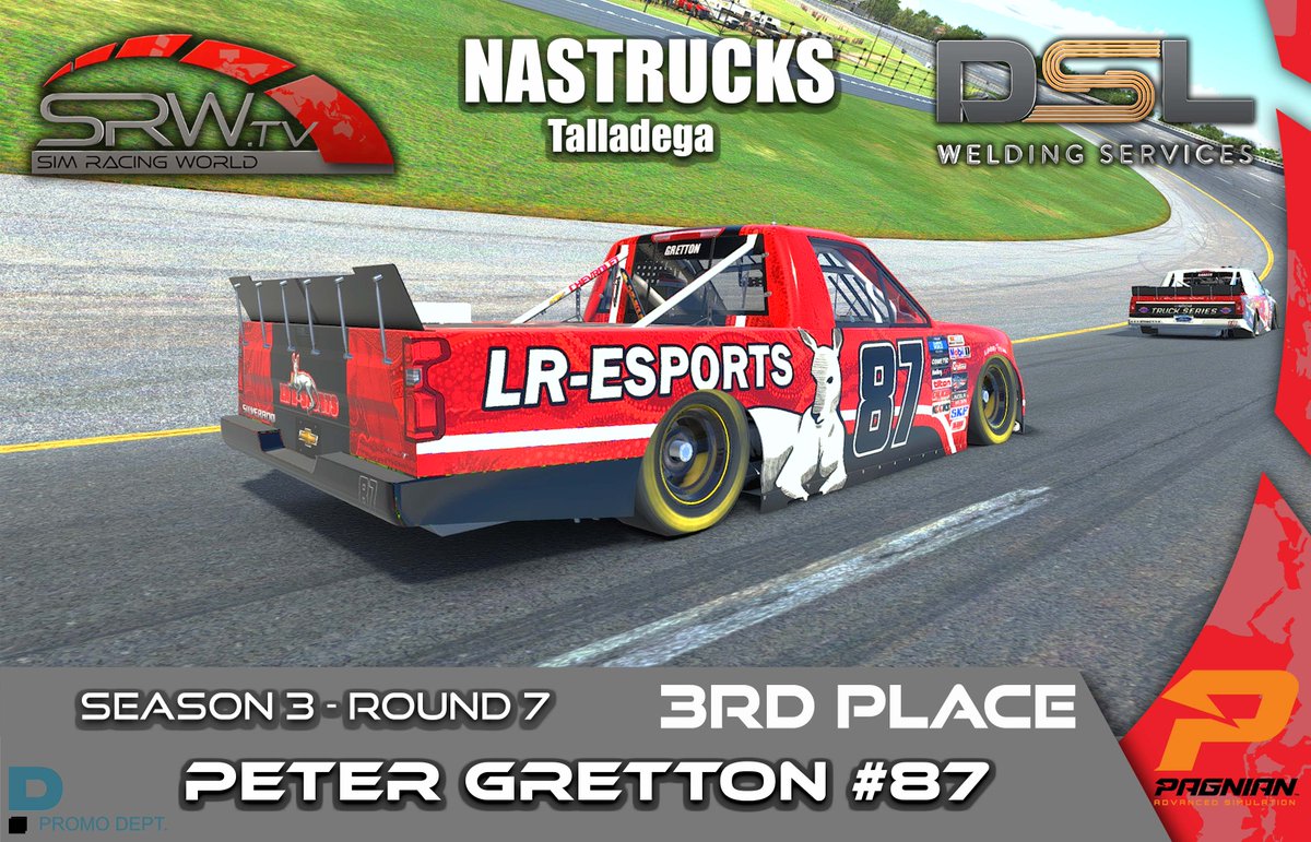 Sim_RacingWorld's tweet photo. DSL Welding NASTRUCKS -  Talladega!

🏆 Congratulations to our round 7 podium! 🏆

1st \\ Jarod STEEN #91 - TANKT SRT
2nd \\ Koby JORDAN #80 - Inside Lane Sim Sports
3rd  \\ Peter GRETTON #87 - LR E-Sports

🎬 https://t.co/Zjn0QXamoa 🎬
#iracing #NASCAR https://t.co/w6UKM2U8LJ