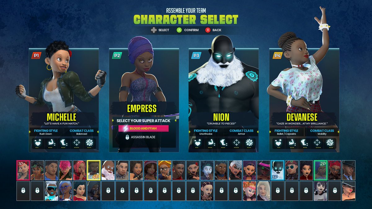 TeamRushGame's tweet image. Character Select Screen concept. #indiegame #indiedev #characterselect #superart #roster #empress #solodev
