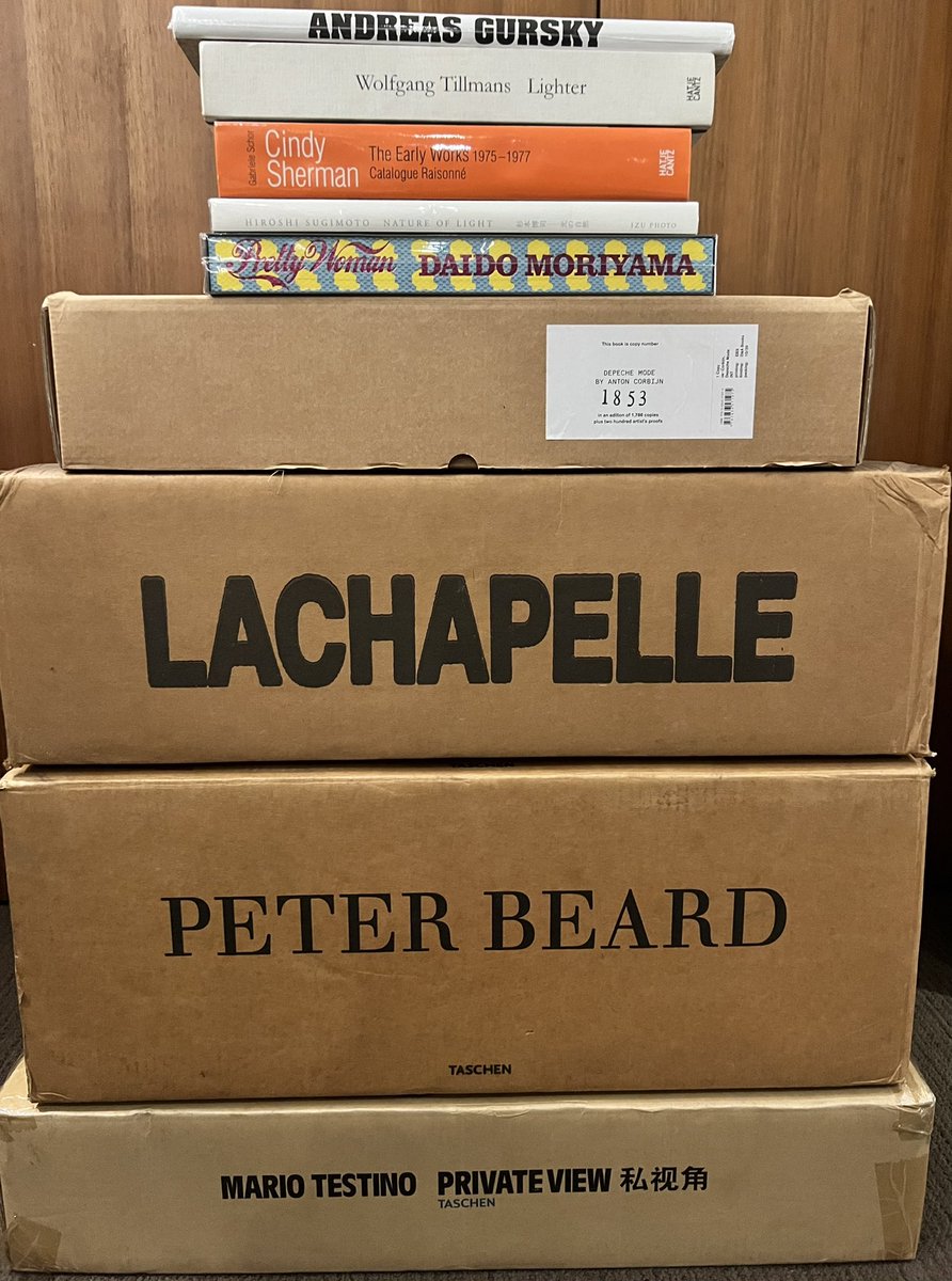 From the library: books from some of my favorite photographers - <a href="/mariotestino/">Mario Testino</a>, Peter Beard, <a href="/LaChapelleland/">David LaChapelle</a>, Anton Corbijn,Daido Moriyama,Hiroshi Sugimoto,Cindy Sherman,Wolfgang Tillmans, and my fave of all time, Andreas Gursky. Bottom 4 are HUGE limited editions from <a href="/TASCHEN/">TASCHEN</a>🏋️