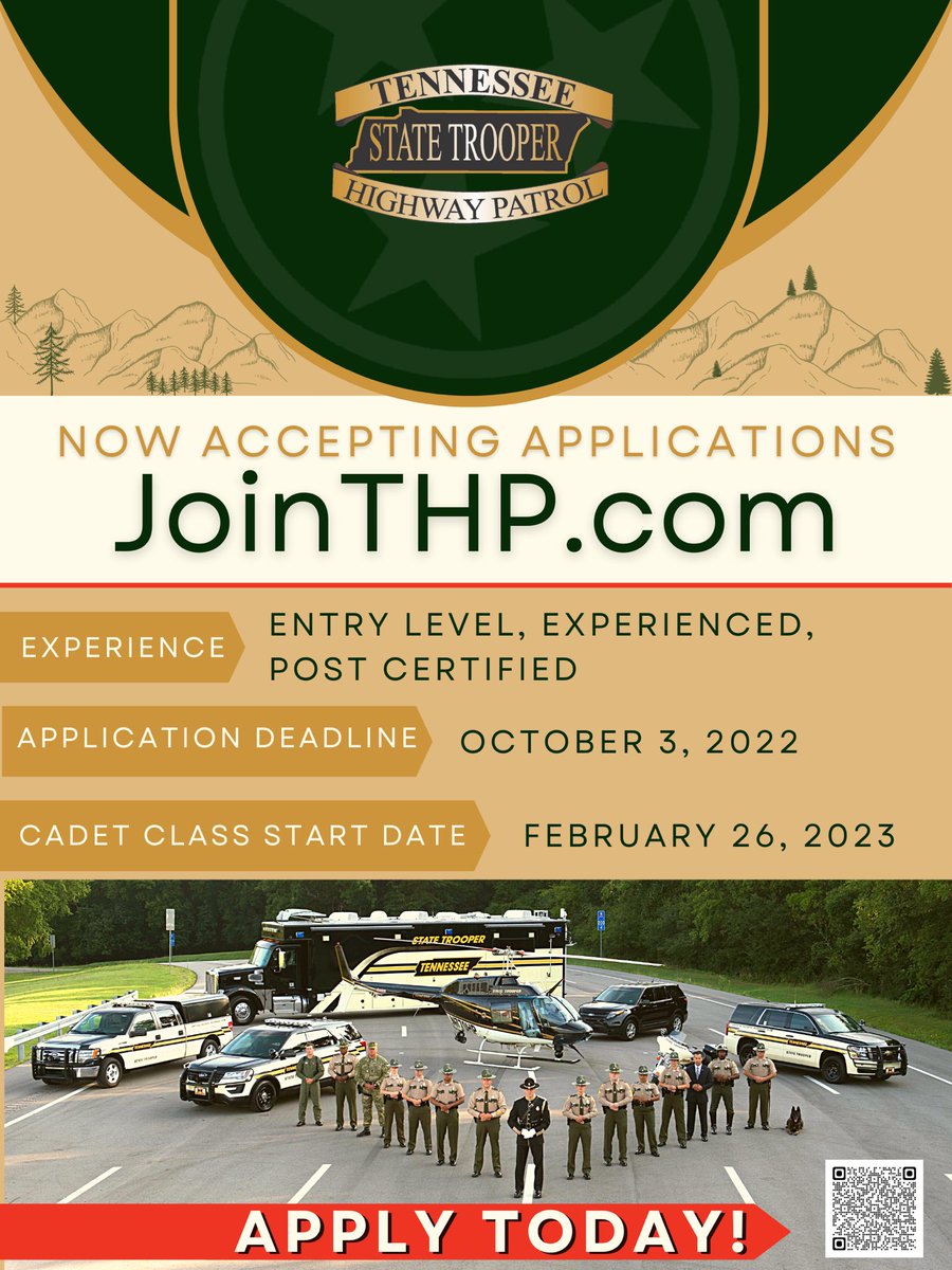 TNHighwayPatrol's tweet photo. Come join our family today! We are accepting applications from Troopers in other states, and Law Enforcement Officers in other states too! Email us at THP.Recruitment@tn.gov if you want to know more. @TNDeptofSafety @Jobs4_TN @DOHRtn https://t.co/rnSBjgeImf