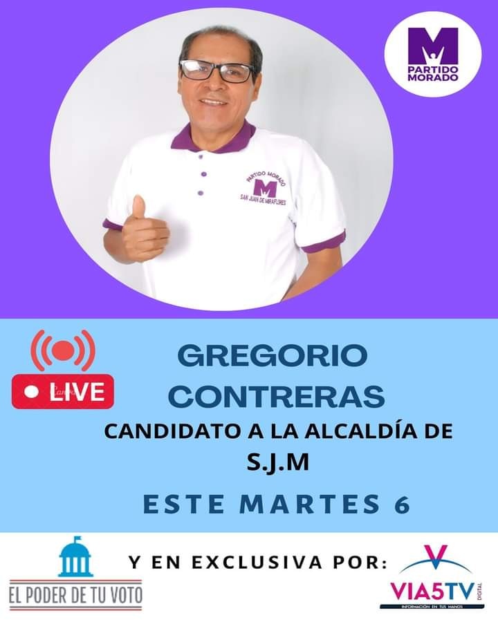 TvVia5's tweet photo. Este martes 06 tendremos como invitado en ¨El poder de tu voto¨ a Gregorio Contreras candidato a la alcaldía de S.J.M del partido Morado 
#via5tvd https://t.co/SowRj0liUk