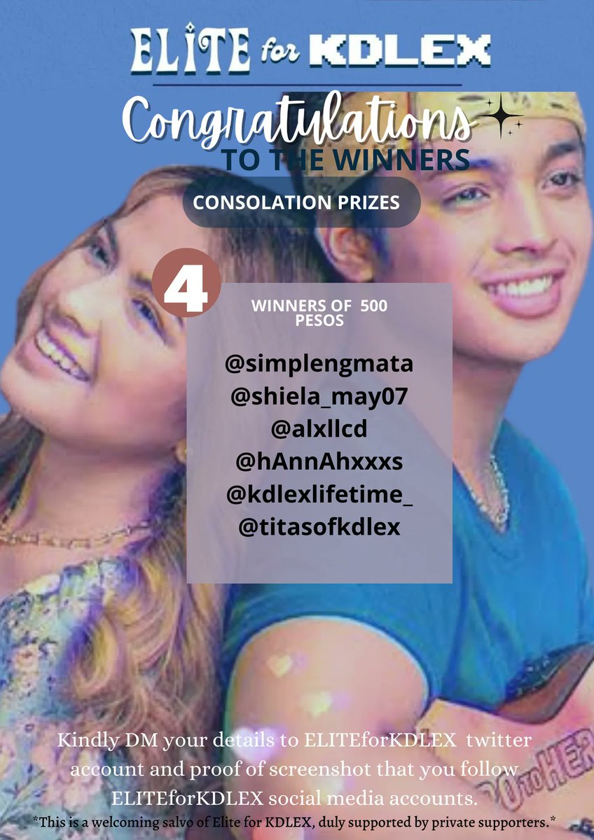 EliteForKDLEX's tweet photo. Hello, sweethearts 🤍

CONGRATULATIONS TO THE 6 WINNERS OF 500 PESOS CASH.  YOU GUESSED THE FOUR LOCATIONS OF OUR "RUN TO ME CAMPAIGN" AND OUR SPONSORS ARE KIND ENOUGH TO GIVE YOU A CONSOLATION PRIZE.

To all the winners, please send us your Gcash Number &amp; Gcash Name. 

#KDLex https://t.co/SmBcOzjidS