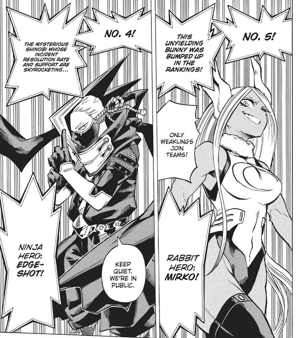 Also I forgot ab it but Edgeshot was telling Mirko to behave and now, in 364 he tells her to unleash herself and fight (in a team), heh.