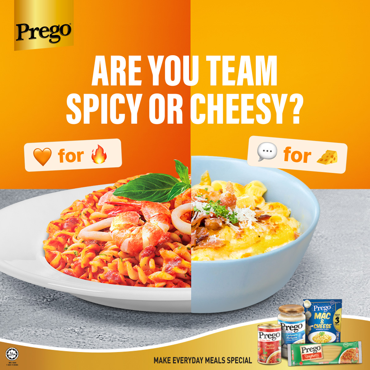 my_prego's tweet photo. Are you the tasty spicy type? Or the oh-so-yummy cheesy kind? Like if you're team spicy or comment if you're team cheesy!

Choose whichever, we know your pastabilities are endless with Prego. 

#PregoMalaysia
#PregoQuickCookPasta
#WorldofPastabilities
#MakeEverydayMealsSpecial https://t.co/tFlNvV5xlu