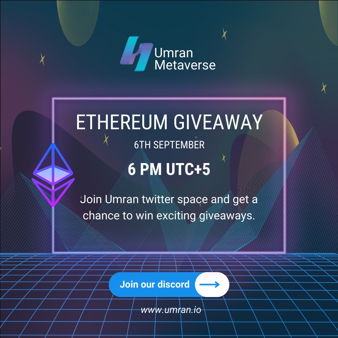 umranmetaverse's tweet photo. Follow the rules to win ETH
- like, retweet &amp; follow @umranmetaverse✅
- tag 3 friends in this post 📮
- join the space 🗣️ 

Set a reminder for our upcoming Space! 👇👇
https://t.co/4w94QvF0pF

#Umran  #Metaverse #web3 #GiveawayAlert  #PLAYTOEARN #Ethereum #Giveaway #space https://t.co/hHVtBvdHb8