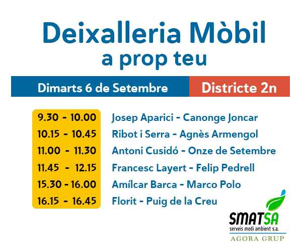 SmatsaSbd's tweet photo. Bon dia #Sabadell! Ja s'ha acabat la #FMSBD22 i el Mobiblau torna a treballar pels districtes de la ciutat.

🚛Avui el Mobiblau dóna servei als carrers del districte 2n♻️

🕓Us deixem horaris i espais on estarà ubicat👇

#MobiblauAl2n https://t.co/LCQQf64Dgg
