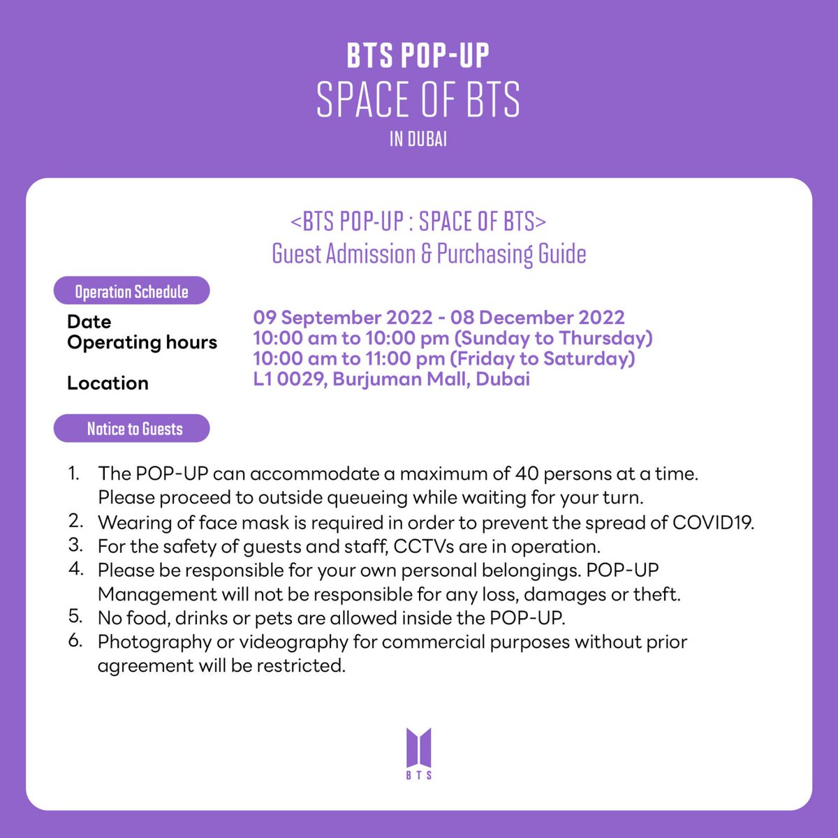 morningKall's tweet photo. [BTS POP-UP : SPACE OF BTS in DUBAI]

We are only a few days away from the grand opening! Don’t forget to read the guidelines for a hassle-free visit. 💜 

📆 09 SEP  2022 – 08 DEC 2022
📍 L1 0029, BurJuman Mall, Dubai

#BTS
#BTS_POPUP  
#SPACE_OF_BTS https://t.co/ZXbJTQ75kG