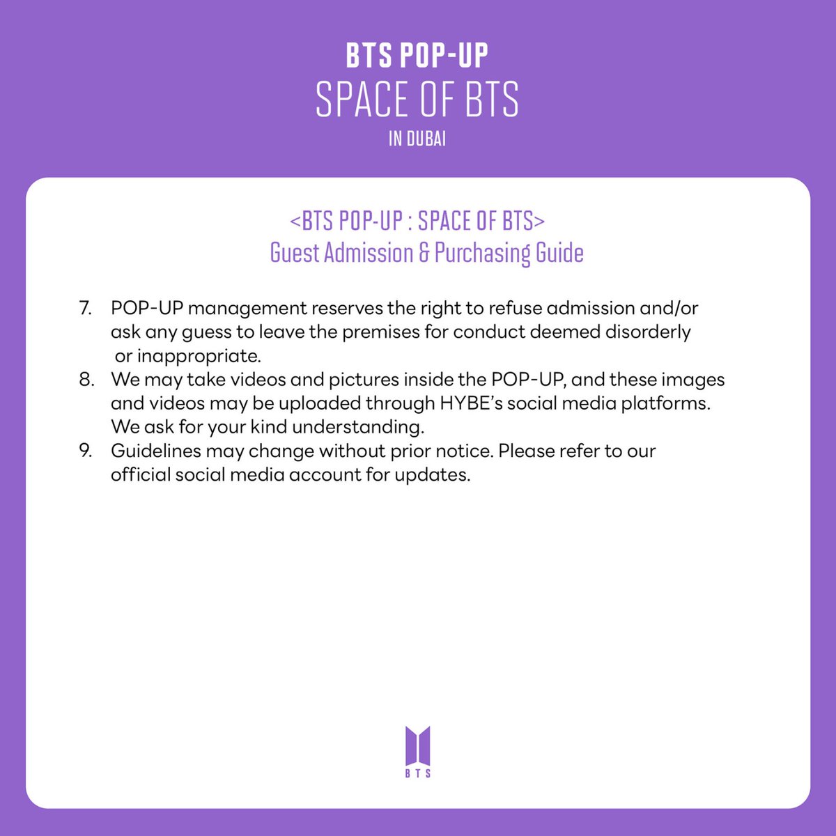 morningKall's tweet photo. [BTS POP-UP : SPACE OF BTS in DUBAI]

We are only a few days away from the grand opening! Don’t forget to read the guidelines for a hassle-free visit. 💜 

📆 09 SEP  2022 – 08 DEC 2022
📍 L1 0029, BurJuman Mall, Dubai

#BTS
#BTS_POPUP  
#SPACE_OF_BTS https://t.co/ZXbJTQ75kG