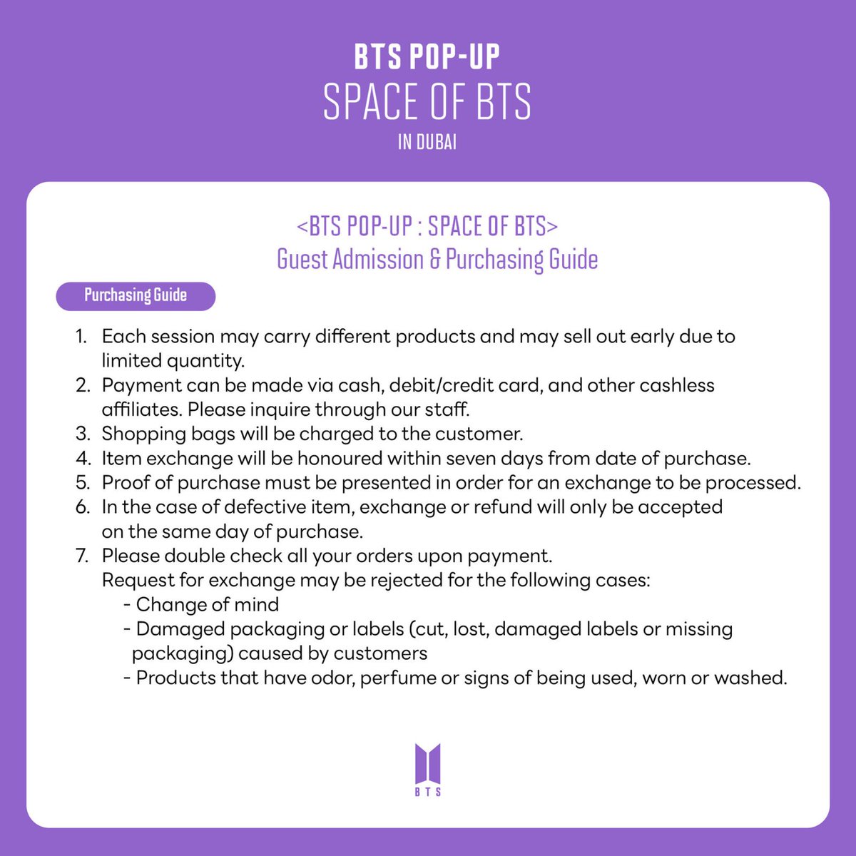 morningKall's tweet photo. [BTS POP-UP : SPACE OF BTS in DUBAI]

We are only a few days away from the grand opening! Don’t forget to read the guidelines for a hassle-free visit. 💜 

📆 09 SEP  2022 – 08 DEC 2022
📍 L1 0029, BurJuman Mall, Dubai

#BTS
#BTS_POPUP  
#SPACE_OF_BTS https://t.co/ZXbJTQ75kG