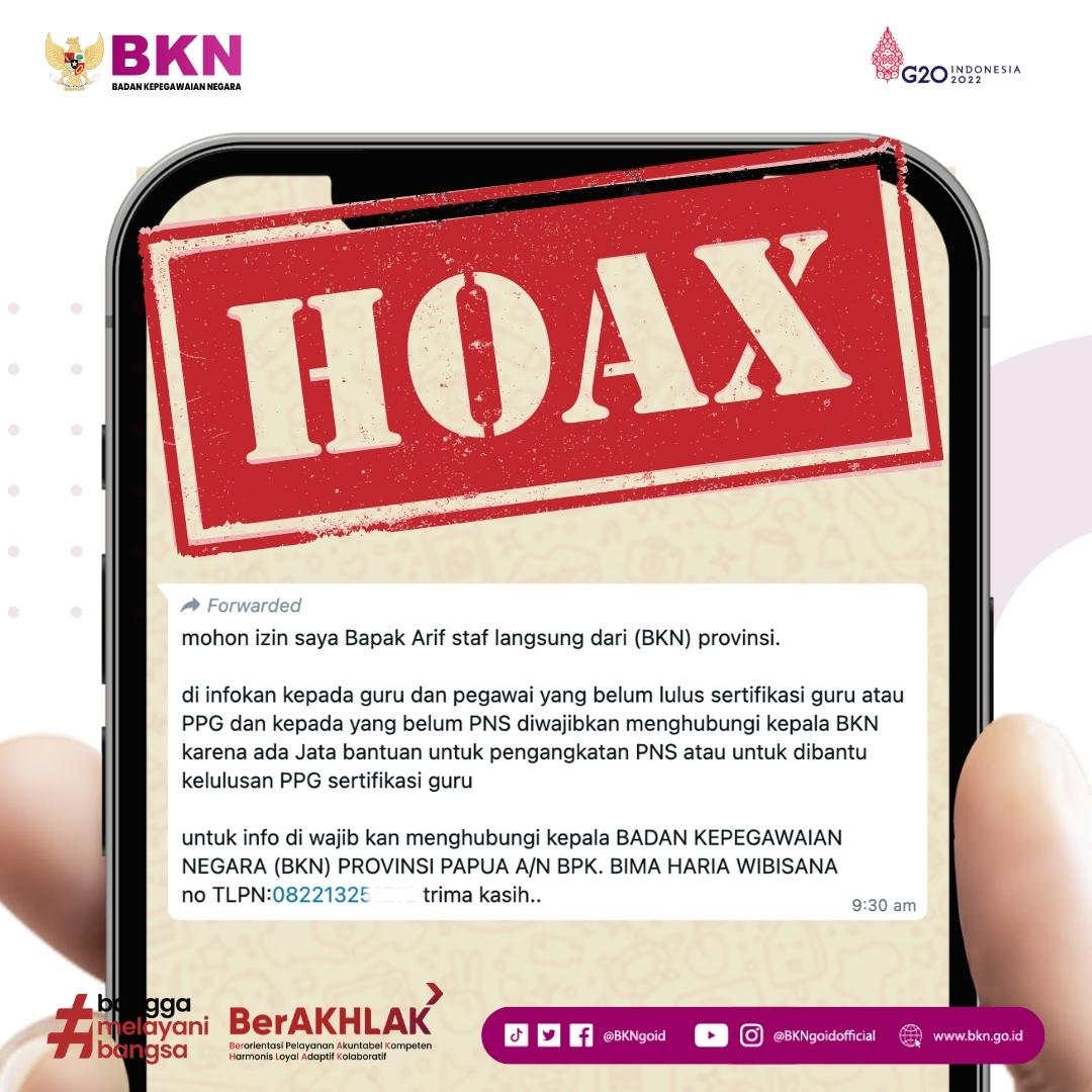 Hai #SobatBKN waspada ya kalau mendapat informasi adanya pihak yg dapat membantu kelulusan berupa sertifikasi guru atau pengangkatan CPNS dan sejenisnya, terlebih mengatasnamakan instansi pemerintah.

Sebaran pesan seperti ini dipastikan HOAKS.

#ASNPelayanPublik
#Hati2Hoaks _aw