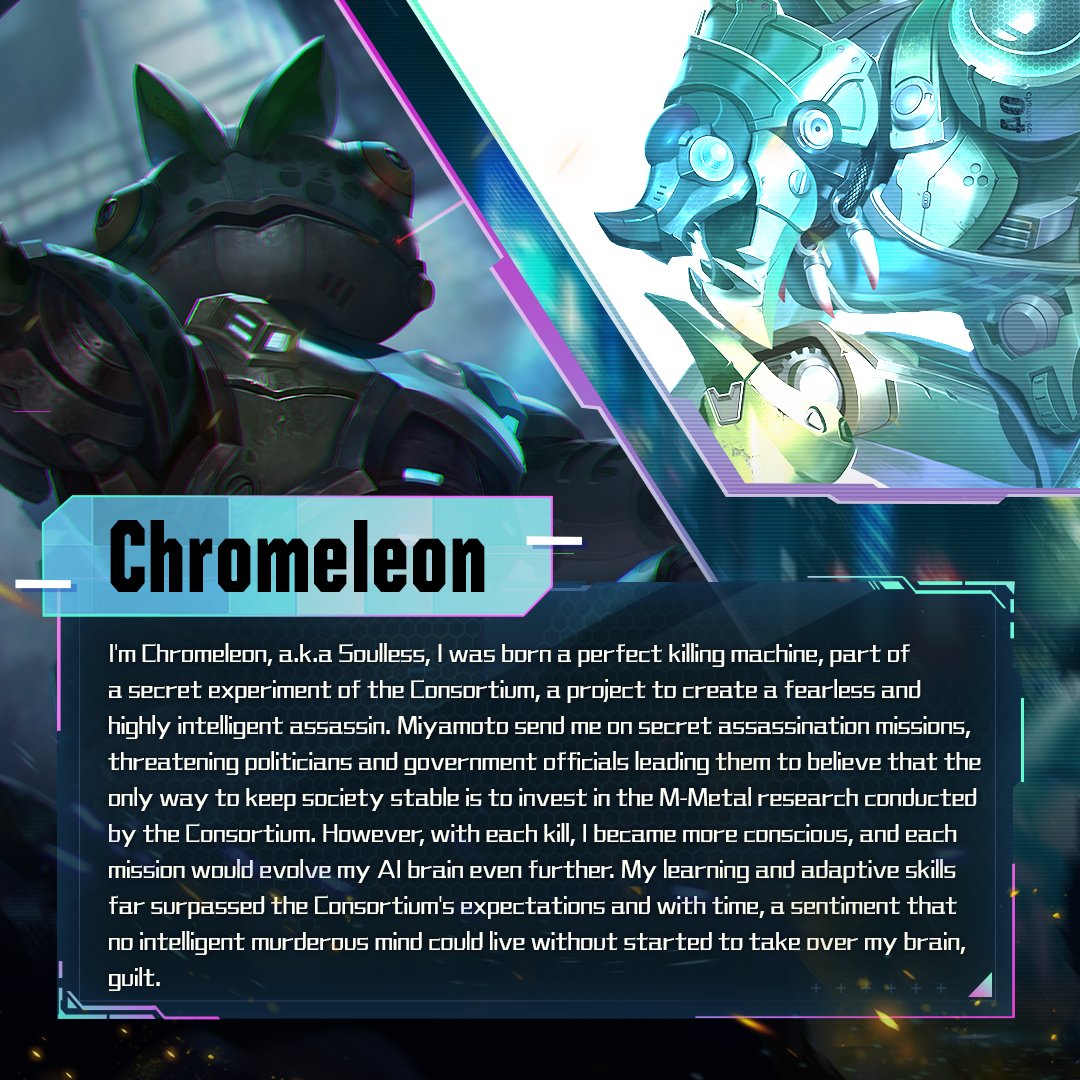StarFire_game's tweet photo. Here's the story of Chromeleon, a.k.a Soulless. Looks like he was intertwined with our several friends, Miyamoto, Ethan, Kong, and wait Gindy opened his brain???😳 Let's take a look at what was going on, shall we?
 #MetalRevolution #BackgroundStory https://t.co/9ruyVzWjPN