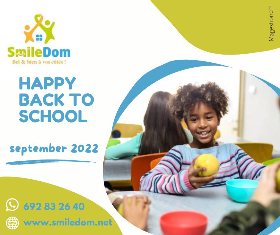 kenfack2_kelly's tweet photo. Smiledom wishes a happy resumption to students and teachers. May this school year be a bright and successful one. 
Subscribe to #smiledom and benefit from our personalized follow up for you and your kids.

☎️ 692 83 26 40
#smiledom
#indeedbyyourside https://t.co/8MdyZOTy3H