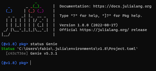 fabiorsodre's tweet photo. Update completed #JuliaLang 1.8.0 and #GenieFramework 5.3.1. No problems with developed applications โ๏ธ๐ฅณ https://t.co/AOqeyOXuPF