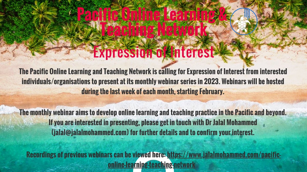 PacOnlineNet's tweet photo. Interested in presenting at the Pacific Online Learning and Teaching Network? Get in touch with Dr Jalal Mohammed at jalal@jalalmohammed.com for further details and to confirm your interest.
#PacOnlineNet @jalalm @pranit_a @swaranravindra https://t.co/mJS1fH8TNn