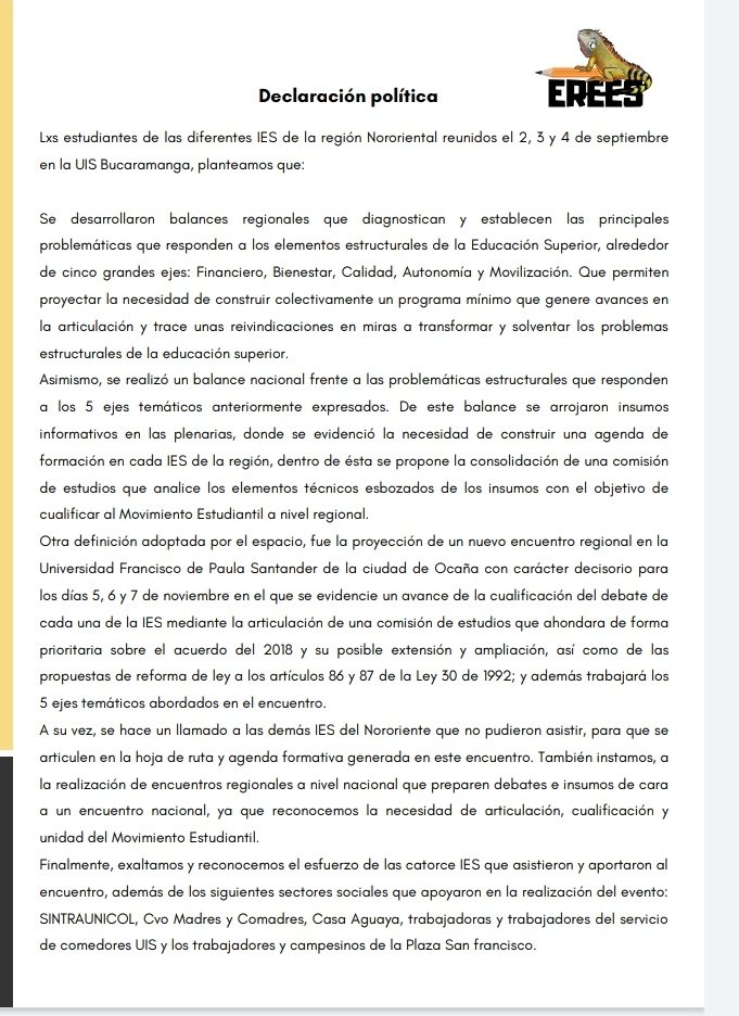 aparra1808's tweet photo. El Documento que arrojo nuestro #EREES es muestra de que el trabajo que nos queda es arduo. La idea es que
el 5,6 y 7 de noviembre nos encontremos en Ocaña para tomar decisiones que determinaran el rumbo de nuestro movimiento estudiantil.
Me resta decir: Severo trabajo compas https://t.co/7AlPtjtP5w