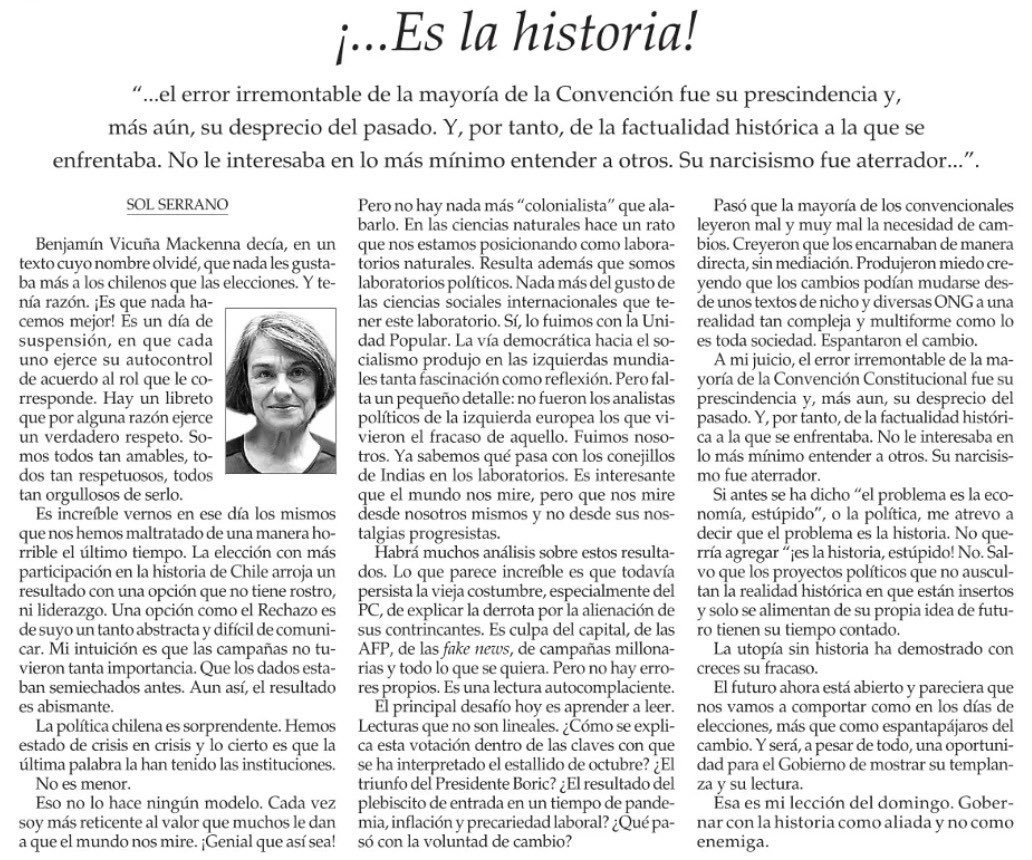 alpiedepagina's tweet photo. Recomiendo leer esta notable columna de Sol Serrano sobre el plebiscito y las razones del fracaso de la Convención Constitucional. https://t.co/TEt0LnKgEW
