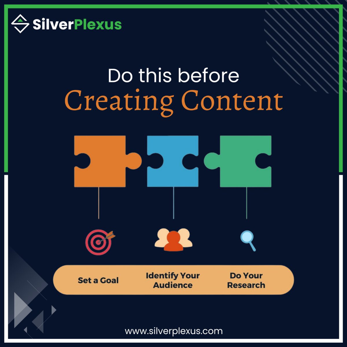 SilverPlexus's tweet photo. IS YOUR CONTENT EFFECTIVE AND CATCHY? DOES IT GENERATE BENEFITS?

Pre-writing phase is the most important phase of content writing. Do this before creating content
• Set goals
• Identify your audience
• Then do your research. https://t.co/3OPQyrFqp0