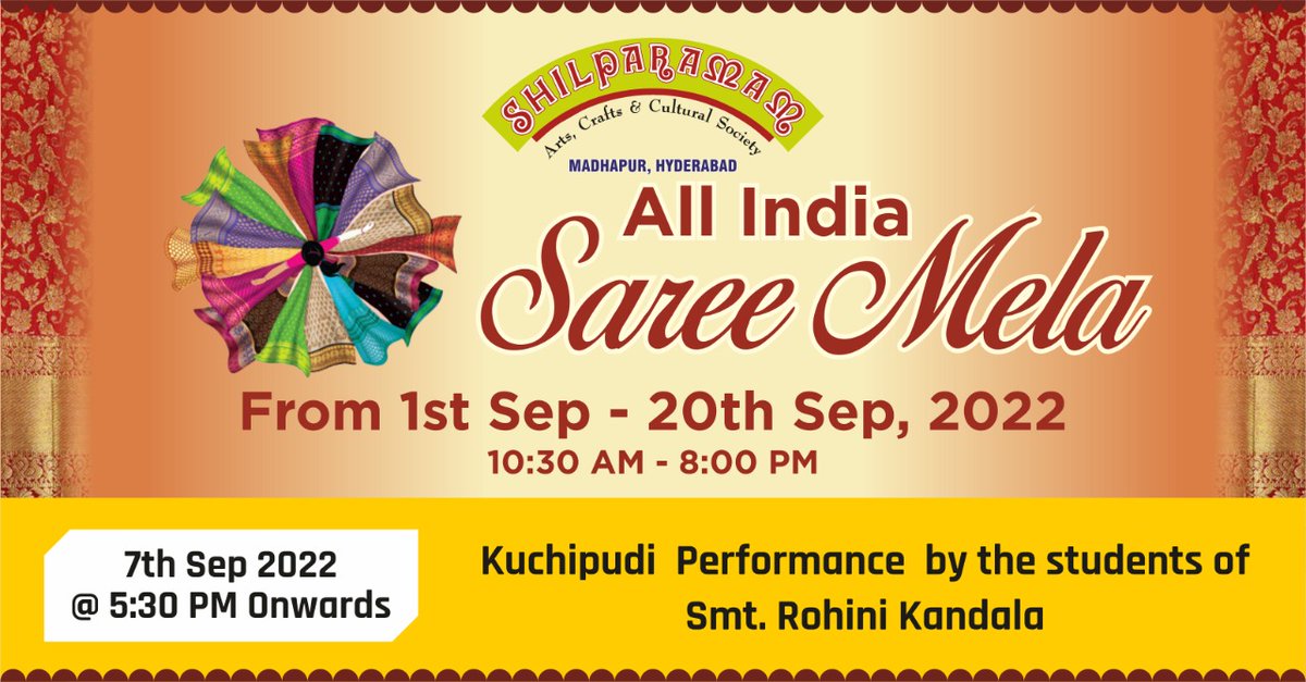 shilparamamhyd's tweet photo. Kuchipudi Dance Performance by the students of Smt. Rohini Kandala
Venue: Shilparamam
Date: 07th Sep 2022
Time: 05:30 PM
#kuchipudidance #sareemela #shilparamamevents #madhapur #hydevents https://t.co/1cfRmB0ajj