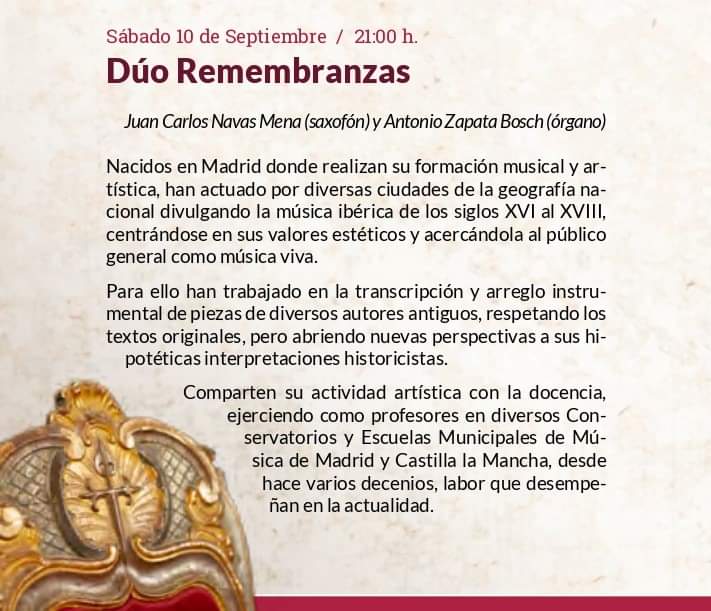 adel_4712's tweet photo. Próximo concierto: Dúo Remembranzas.
Saxofón y órgano.
Sábado, 10 de septiembre / 21:00 horas .
Entrada libre y gratuita (A las 20:00 horas, misa acompañada de órgano)
@OrganodeLaTorre https://t.co/wojrW7bp5J