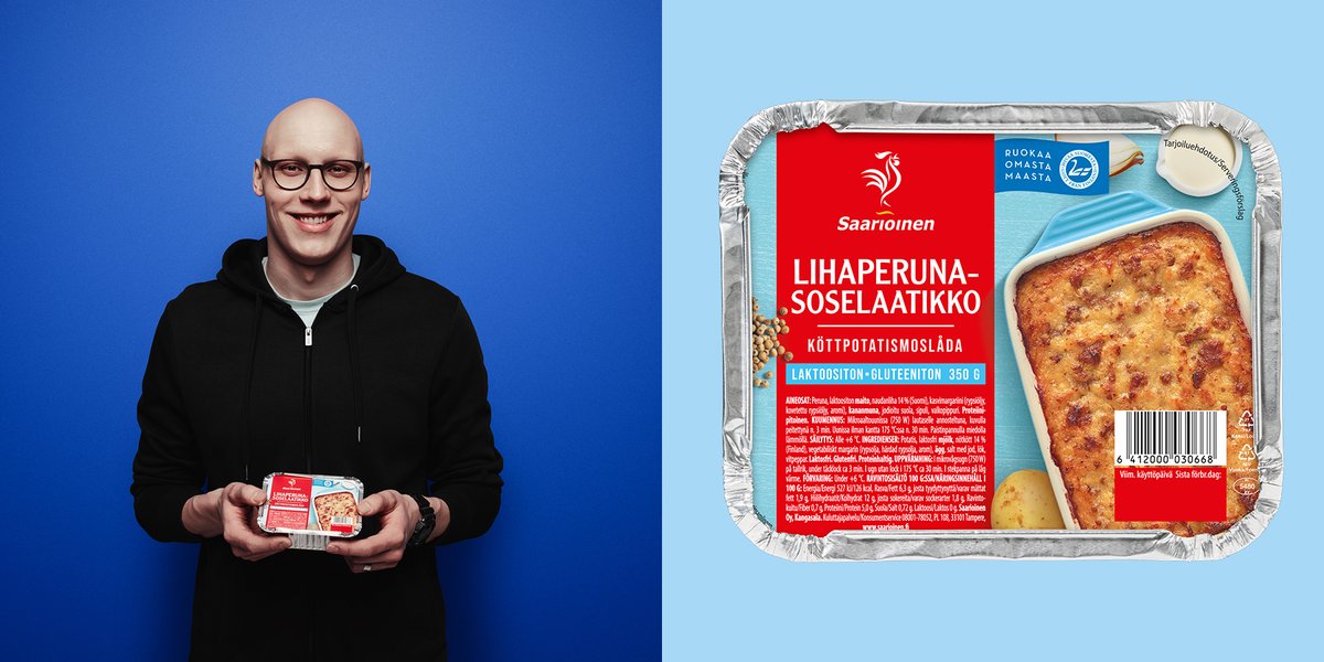 SaarioinenOy's tweet photo. Nyt vietetään Keliakiaviikkoa. Matti Mattsson kertoo olleen tuuletuksen paikka, kun huomasi, että Saarioisten Lihaperunasoselaatikko sopii heidän koko perheelleen. Tutustu gluteenittomiin tuotteisiimme. https://t.co/HUzok5E62p https://t.co/V47kCvIn5i