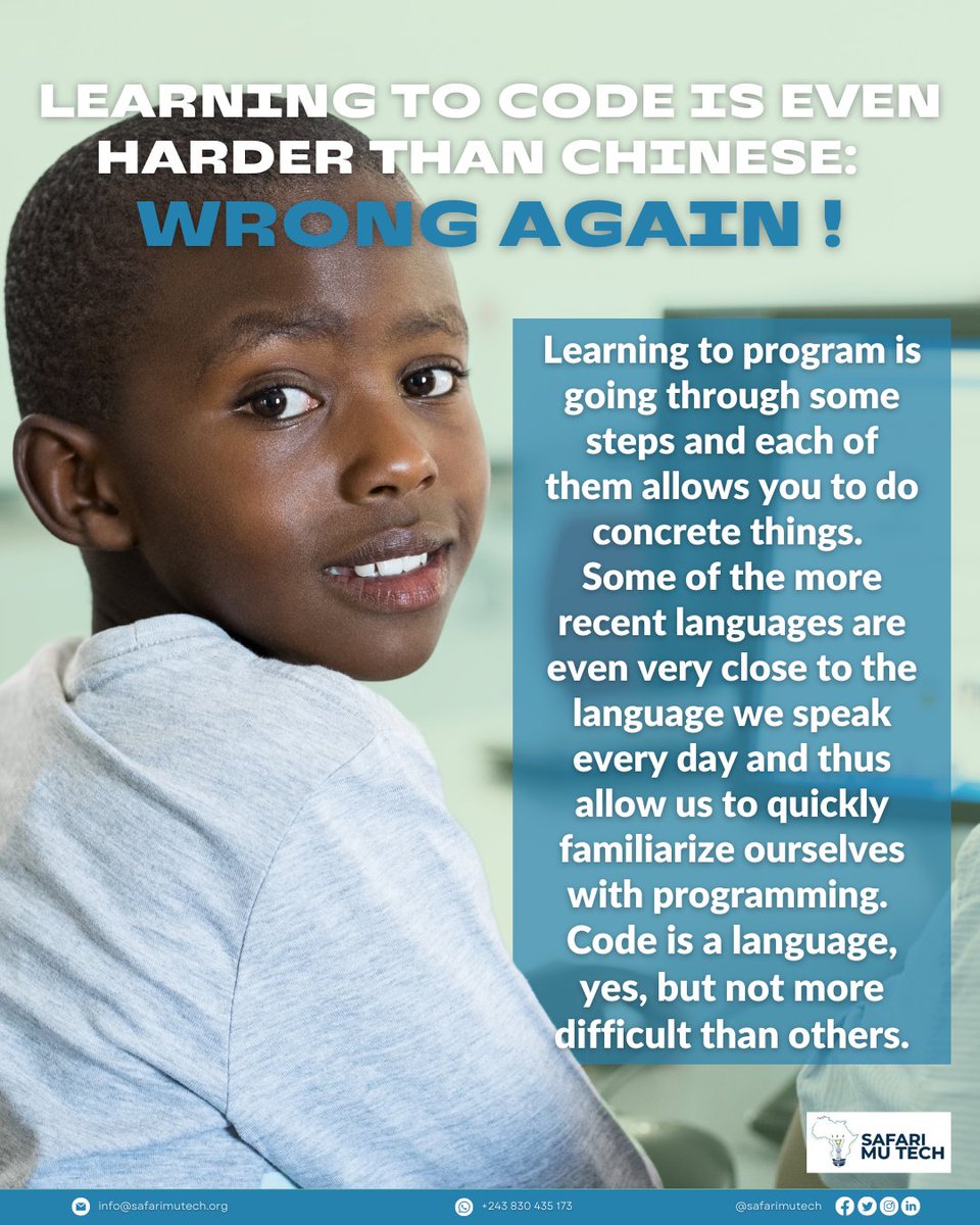 ➡️ we decode for you the preconceived notions about learning computer programming 🙂

Although, to be honest, we haven't really tried Mandarin

#safarimutech #STEM #coding #codinglife #learn  #stemeducation #RDC #Kinshasa #Africa