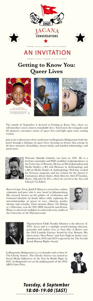 JacanaMedia's tweet photo. Getting to Know You: Queer Lives

Join us for a discussion where moderator @mx_mokgoroane leads the panel through a dialogue on queer lives, focusing on themes that emerge in all three memoirs: desirability, chosen family &amp; familial relationships, &amp; more
 https://t.co/SkDDtAUhVo https://t.co/90cbodhlvG