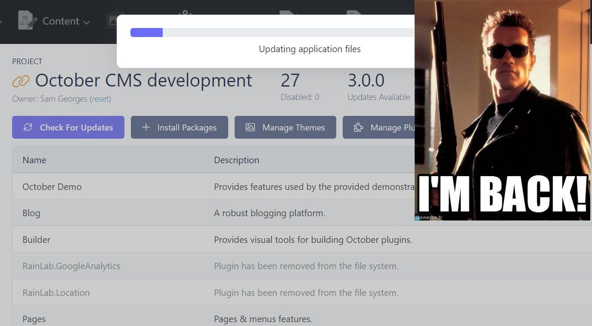 daftspunk's tweet image. One-click updates are making a comeback in #OctoberCMS v3.1