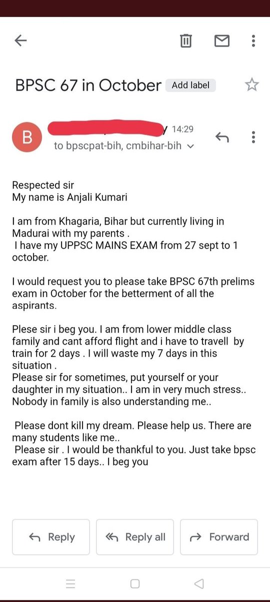CivilsNetwork's tweet photo. दोस्तों, आज अंतिम मौका है, ये 4 ईमेल id पर जरूर मेल कीजिए #UPSC_BPSC_Clash रोकने के लिए, बहुत प्रभाव पड़ेगा...

1. bpscpat-bih@nic.in
2. cmbihar@nic.in
3. cs-bihar@nic.in 
4. secy_cabsec@bihar.gov.in

मेल जरूर कीजिएगा।

#BPSC_UPSC_Clash #BPSC  #BPSC_CLASH_UPSC

Sample mails👇 https://t.co/Ce0HMaGNXx