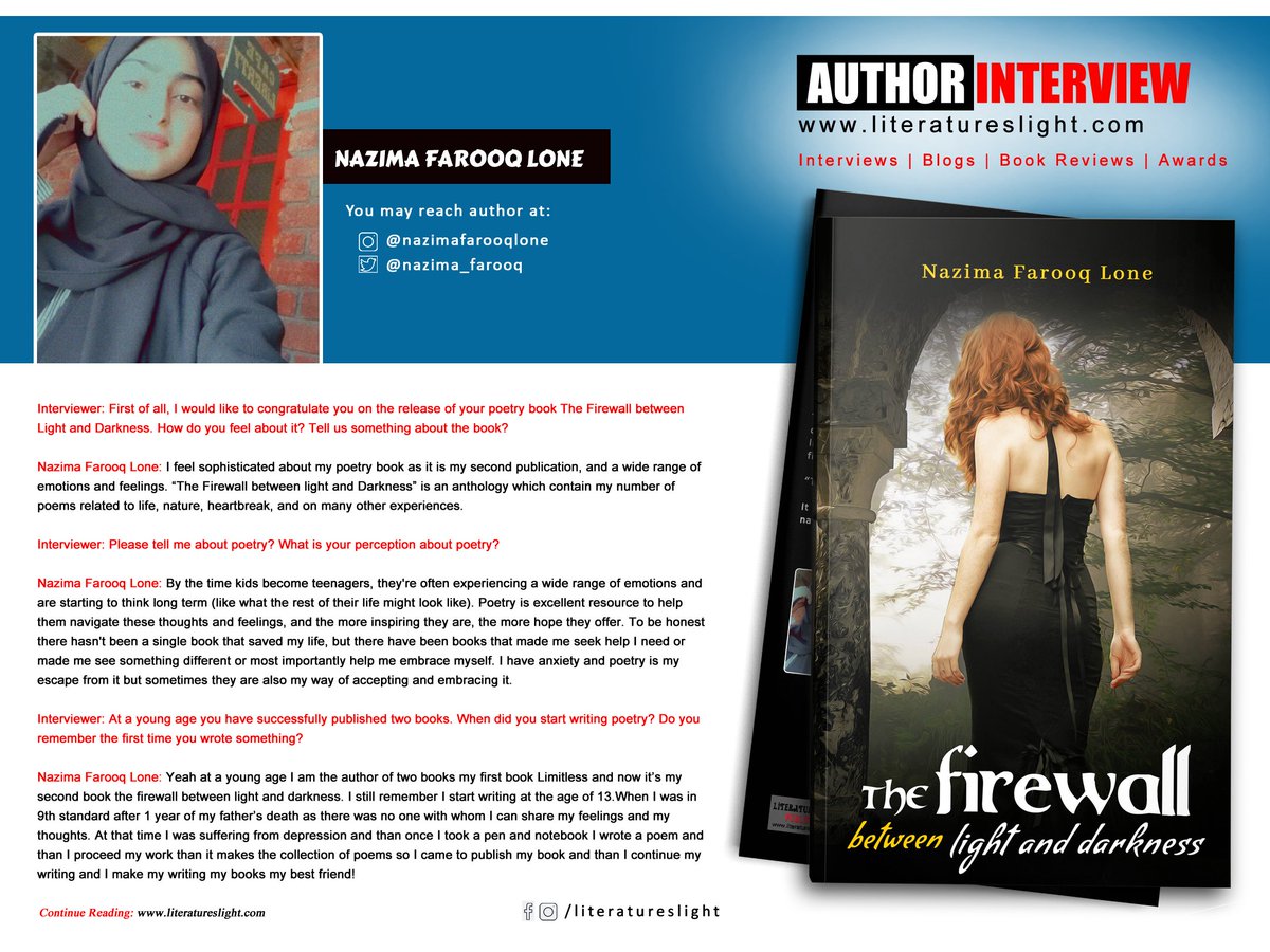 literaturelight's tweet photo. In conversation with #Author #Author @nazima_farooq ๐โ Published Books: #TheFirewallbetweenLightandDarkness ๐๐๐
Interview link: https://t.co/WGYOvR0Ap9๐๐
#literatureslight #poetry #NazimaFarooqLone #gothic #goth https://t.co/qKH7cG6lgF