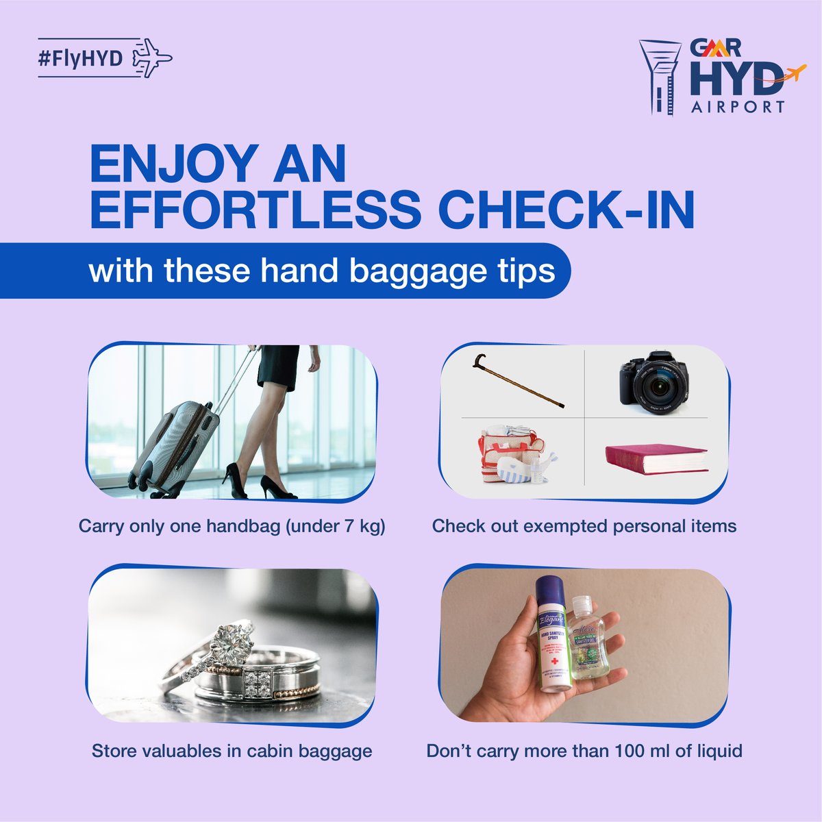 RGIAHyd's tweet photo. Travel smart by following these important hand baggage tips to ensure a smooth check-in while travelling from #HYDAirport. 

#FlyHYD #Tips #TravelTip #ExpressCheckIn #Airport #Explore #TravelHacks

@MoCA_GoI @HiHyderabad  @HyderabadTrails https://t.co/R0hbEhX5jF