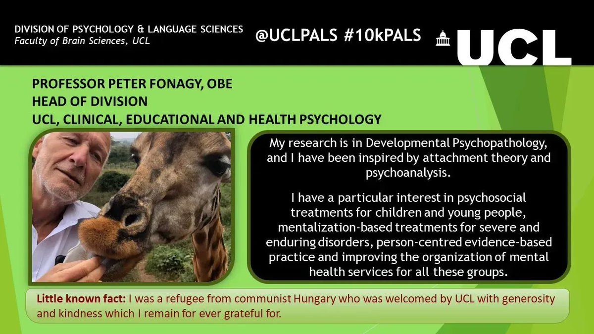 UCL Psych & Lang Sci (@uclpals) on Twitter photo We are celebrating #10kPALS! (3/10)
Meet the Head of our Division, Professor Peter Fonagy @PeterFonagy
Favourite person to follow? “<a href="/mentalelf/">Juanita Schoonover</a> – keeps me up-to-date with research and policy”
RT & Share your fav tweet/tweeter/PALS fact with us using #10kPALS We are celebrating #10kPALS! (3/10)
Meet the Head of our Division, Professor Peter Fonagy @PeterFonagy
Favourite person to follow? “<a href="/mentalelf/">Juanita Schoonover</a> – keeps me up-to-date with research and policy”
RT & Share your fav tweet/tweeter/PALS fact with us using #10kPALS