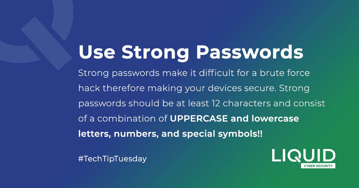 LiquidInTechKe's tweet photo. We know it's easier to remember "password123" but it's even easier to keep your account secure with a strong password. Use a combination of letters, numbers and symbols to keep your accounts safer. ​

#Staysecure🔒#LiquidCyberSecurity #TechTipTuesday https://t.co/SGTm7fwh9r