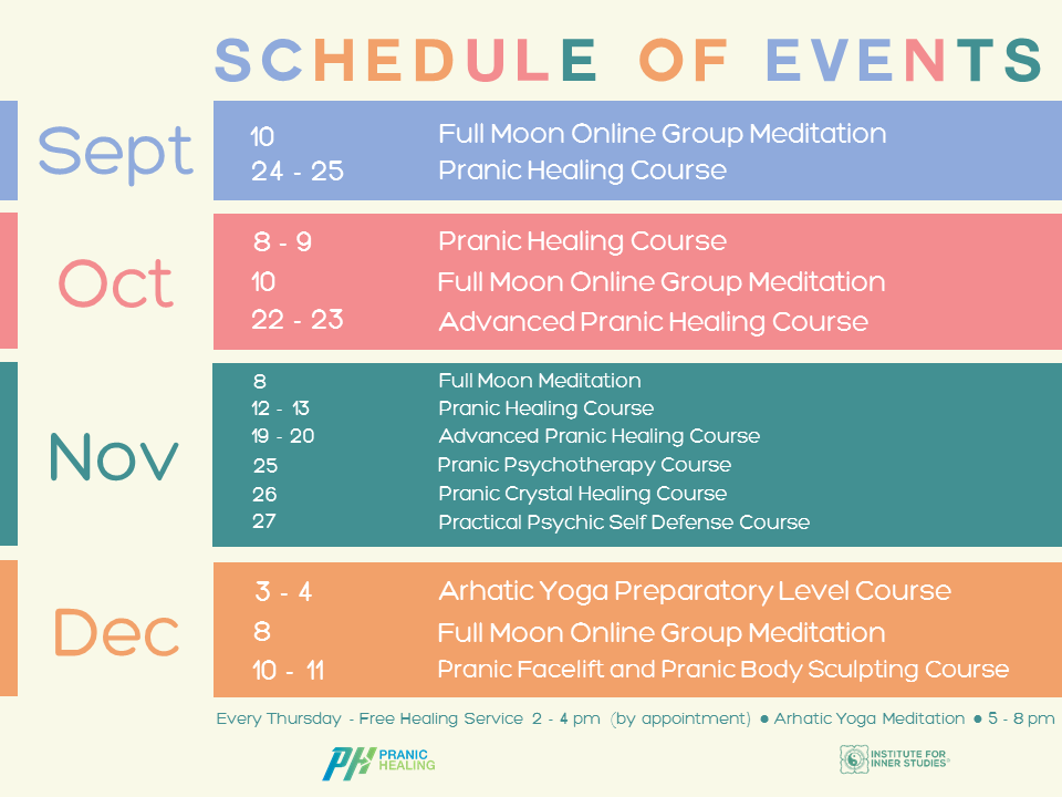 pranic_iisi's tweet photo. [UPDATE] Mark your calendars!
The Institute for Inner Studies would like to invite you to the following courses and events.
For inquiries, contact us at:
(+632) 8-8102808 | (+63) 9178243599
events@globalpranichealing.com https://t.co/59hmASzZHd