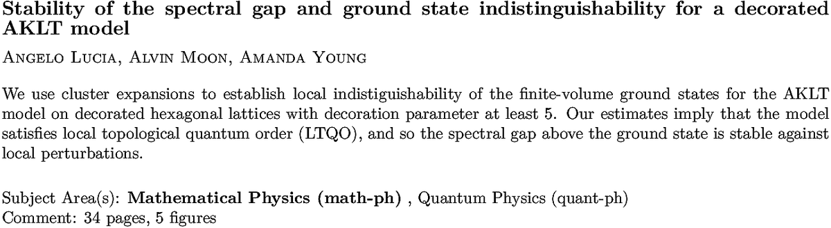 arXiv_math_ph's tweet photo. https://t.co/1CIcfnWarr
A Lucia et. al.
Stability of the spectral gap and ground state indistinguishability for
  a decorated AKLT model https://t.co/euZLS6QsRW