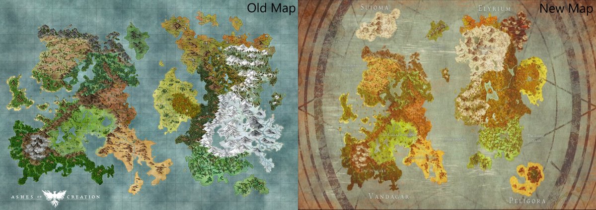 TheGamingButler's tweet photo. A side by side comparison of the old versus the new. Mostly new water space, and the nodes have been reduced from 103 to 85, but player housing will not be affected.
#AoC #AshesOfCreation #IntrepidStudios #MMO #MMORPG #Gaming #Fantasy #TheGamingButler https://t.co/OD9fi9Vp3w