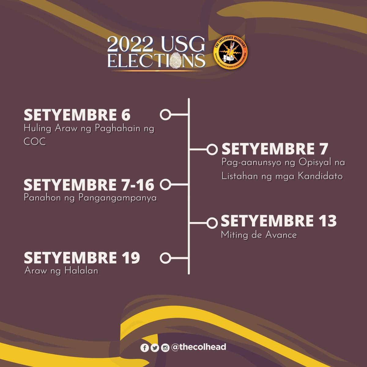 thecolhead's tweet photo. Mga USePyano, talasan ang paghuhusga't maging rasyonal at mapanuring Agila!

Pinal nang isinapubliko ng USeP-ComElec ang iskedyul para sa proseso ng Halalan para sa mga bagong mamumuno ng University Student Government (USG) para sa taong 2022.

Magbasa pa: https://t.co/iIAcJbkcAg https://t.co/HfC6cVPpCe