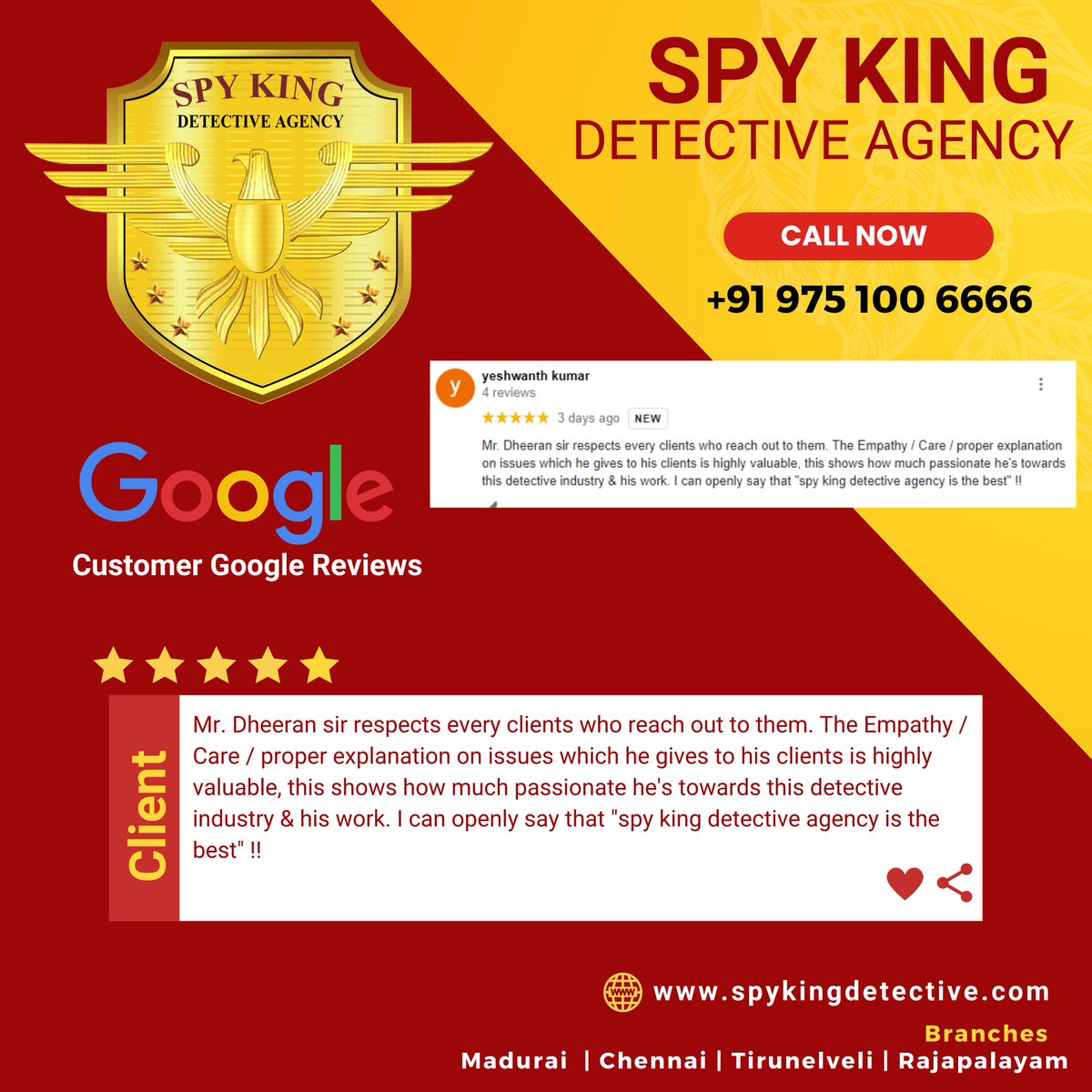 SpyKingIndia's tweet photo. Tamilnadu No.1 Detective Agency
Spy King Detective Agency - Pre &amp; Post Matrimonial Investigation.
Google Client Review. Thank you so much for your review
Further Enquiries : +91 975 100 6666
#Detective #SpyKingIndia #Matrimonialinvestigation #GoogleReview #Tamilnadu https://t.co/V4L3Xqoe0a