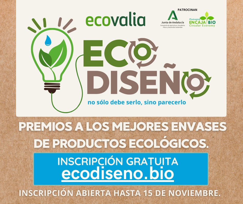 📢Inscríbete en la II edición de #Ecodiseño

✅ Si tienes una empresa de alimentación o cosmética ecológica, si apuestas por un packaging sostenible... este es tu concurso
cutt.ly/QKXK4Yw
📢 Inscríbete 
👉 bit.ly/3uJz7Wf
@AndaluciaJunta #Encajabio
#envases
