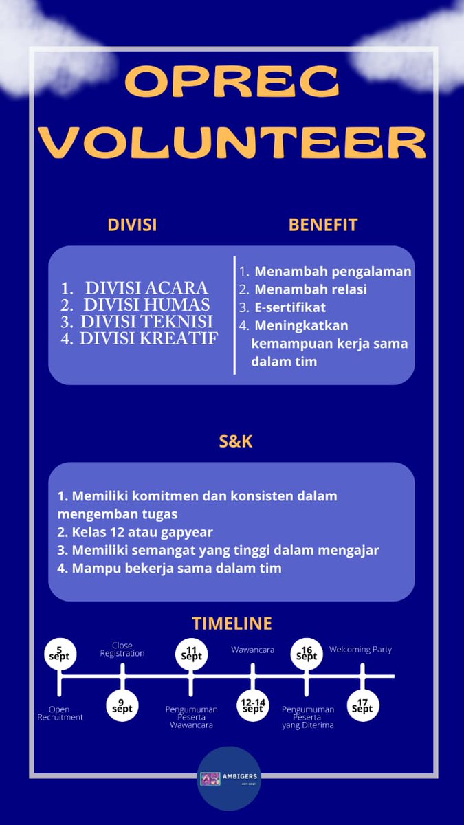 ambigers_offc's tweet photo. 🚨 AMBIGERS OPREC STAFF!! 🚨

Halo Pelajar Indonesia 🙋🏻‍♂️

Kalian kelas 12? atau GapYear? lagi bingung cari kegiatan yang bermanfaat? 

Ini dia jawaban nya, Yap! Bener banget yaitu daftar Staf nya Ambigers 🤩 https://t.co/AAN4EOD4ts