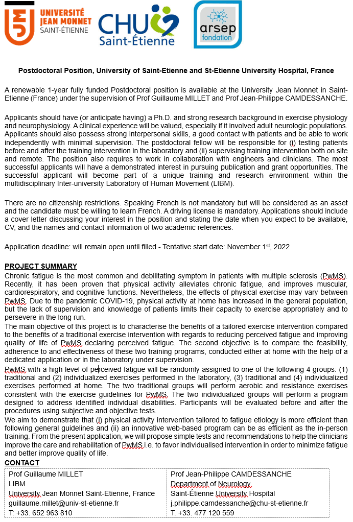 kinesiologui's tweet photo. A 1-yr (renewable) fully funded postdoctoral position is available 
@Univ_St_Etienne @ChuSaintEtienne @LIBM_lab 
@FondationARSEP 
Topic : Chronic fatigue in patients with multiple sclerosis
#ms #SEP #fatigue #training #Personalised 
@CHU_Grenoble @CHUdeLyon @CHUClermontFd https://t.co/6JabHx5kQt