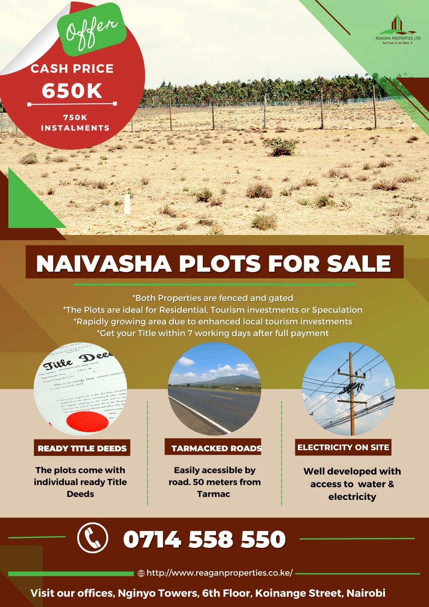 ReaganProperty's tweet photo. SPECIAL OFFER!! Get your Naivasha plot with READY TITLE DEED with only 650K cash price. The plots are 50m from tarmac in a gated community. Call us for a free site visit on +254 714 558550
#Naivashaplots #ReadyTitleDeeds #LandForSale #ServicedPlots #valueaddedplot #Atwoli https://t.co/YcTQUkcaOg