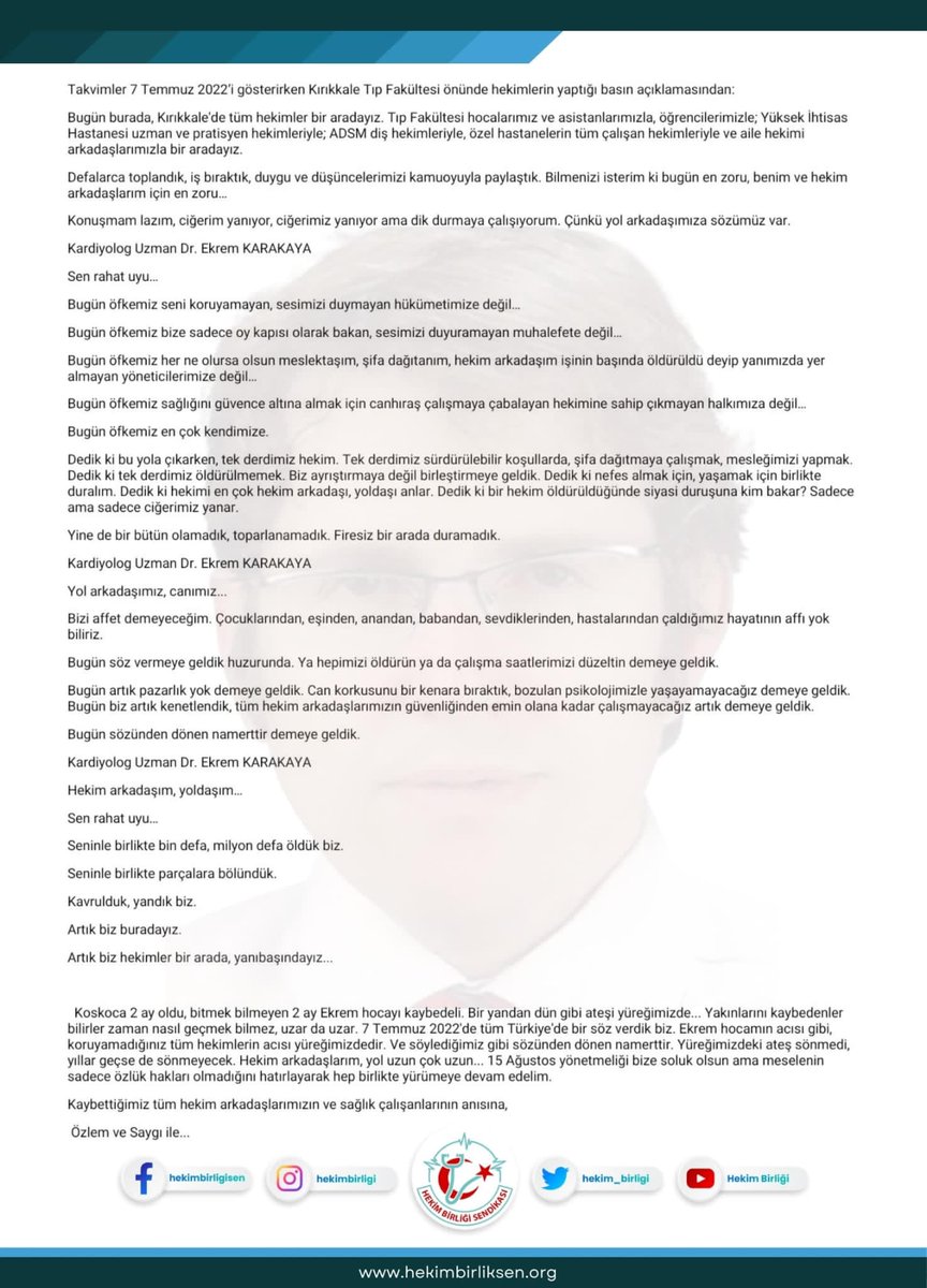 hekim_birligi's tweet photo. Dr.Ekrem Karakaya, canımız yandı.Hem de çok yandı.Ama sana verilmiş sözümüz var, @hekim_birligi meseleyi sadece özlük hakkı mücadelesi sananlara inat hakkıyla göreve devam edecektir.Sözünden asla dönmeyecektir.Saygıyla,acıyla,özlemle.. #HekimeŞiddetSonaErsin https://t.co/yZAKNRro6G