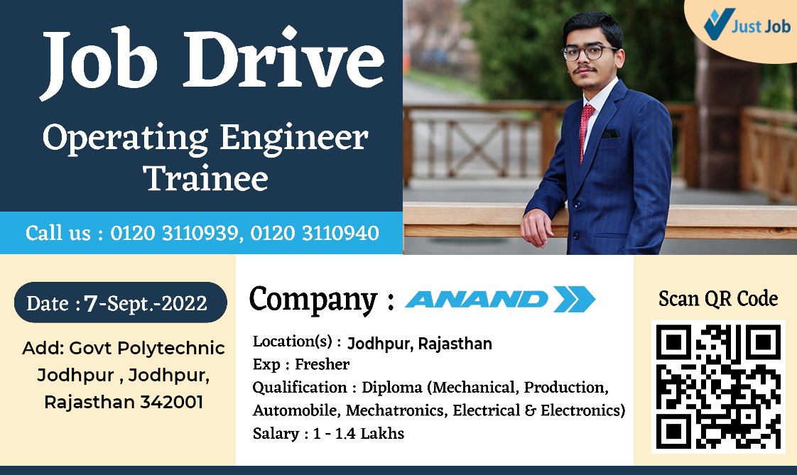 Hiring Alert!!
Position:  Operating Engineer Trainee
Company: Anand Group
Qualification:  Diploma (Mechanical, Production, Automobile, Mechatronics, Electrical and Electronics) 
Location: Jodhpur, Rajasthan
Work Exp:  Fresher
Salary Range: 1 - 1.4 Lakhs
Job Type:  Corporate Job
