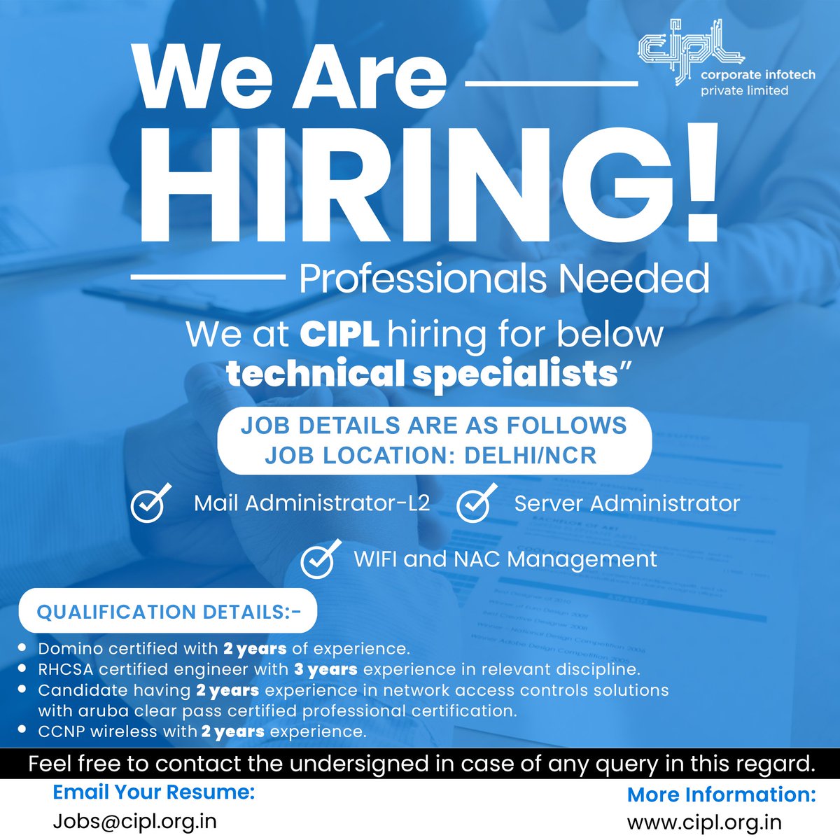 👉 We at CIPL hiring for below technical specialists”👈

Job location: Delhi/NCR

Job details are as follows:-

◉ Mail Administrator-L2
◉ Server Administrator
◉ Wifi and NAC Management

Email your resume:- jobs@cipl.org.In
#job #work #jobs #jobsearch #business #career #hiring