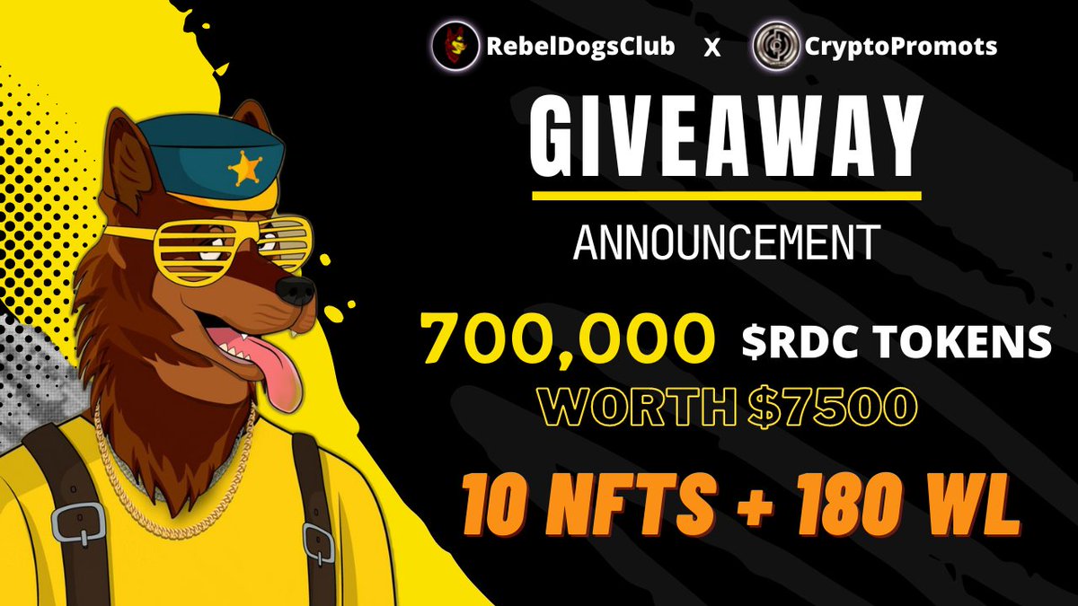 CryptoPromots's tweet photo. 📣Massive #Giveaway 🔥

😱 Reward Pool-
🎁 700,000 Token  ( Worth 7500$ )
+ 10 NFT + 180 WL Total giveaway pool (Worth 10,000$ )

To Enter:
✅Follow @CryptoPromots &amp; @RebelDogsClub
✅RT &amp; Tag 3 Friends 
✅ Finish Tasks - https://t.co/nTvd8UscPf

#Airdrop #Airdrops  #NFT #NFTs https://t.co/y4eUehEiXI