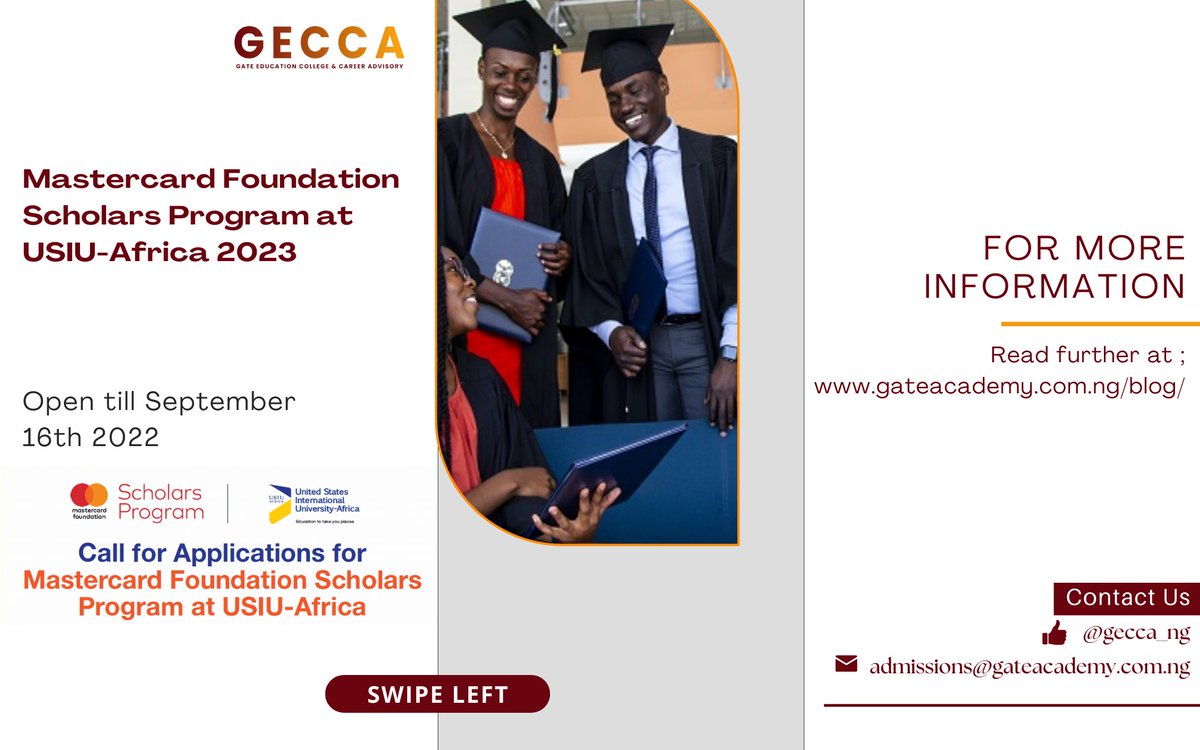gecca_ng's tweet photo. The master card foundation scholarship is open till September 16th 2022 take advantage of this opportunity and apply today. #Scholarships #ScholarshipAlert

https://t.co/GNPNVkDB7O https://t.co/1rbNIn6wXC